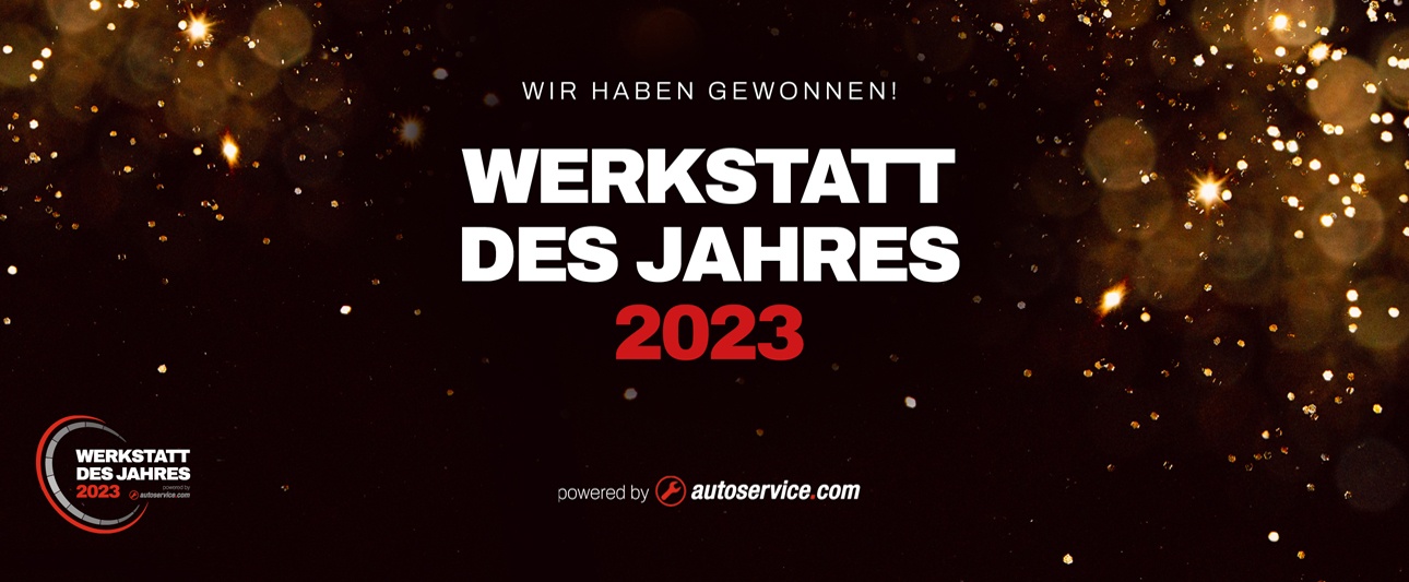 Banner mit Slogan "Werkstatt des jahres 2023"